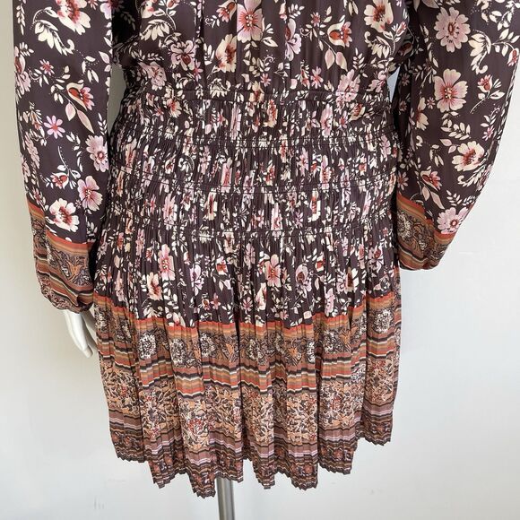 Current Air Long Sleeve Satin Pleated Boho Dress Brown Floral M Cottage Chic - Picture 8 of 14